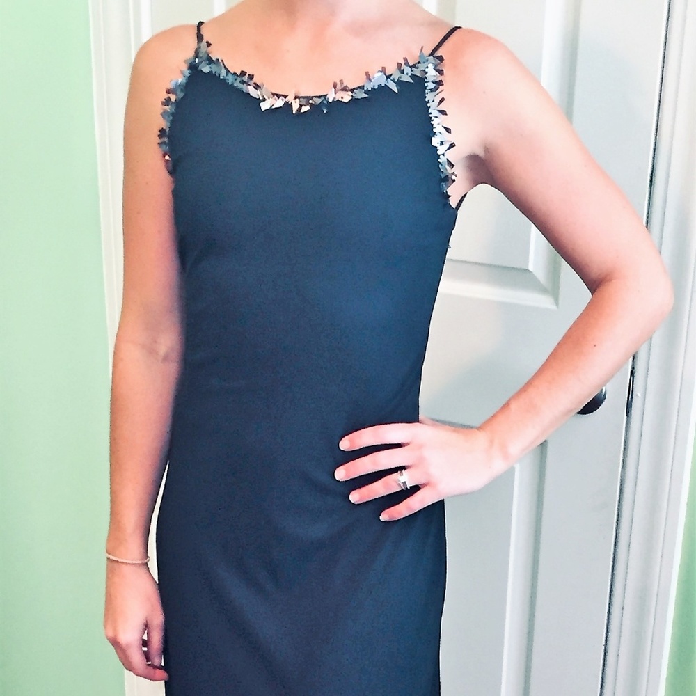Black Maxi w/ sequin Neckline Evening Gown